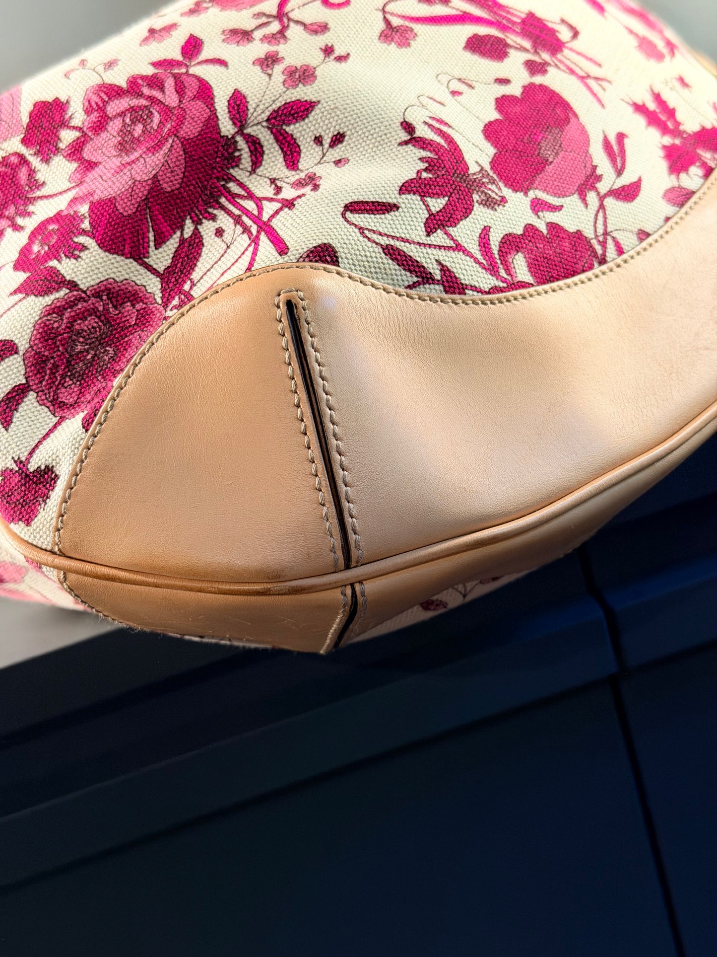 GUCCI BY FRIDA GIANNINI PINK FLORA PEGGY BAMBOO HOBO BAG