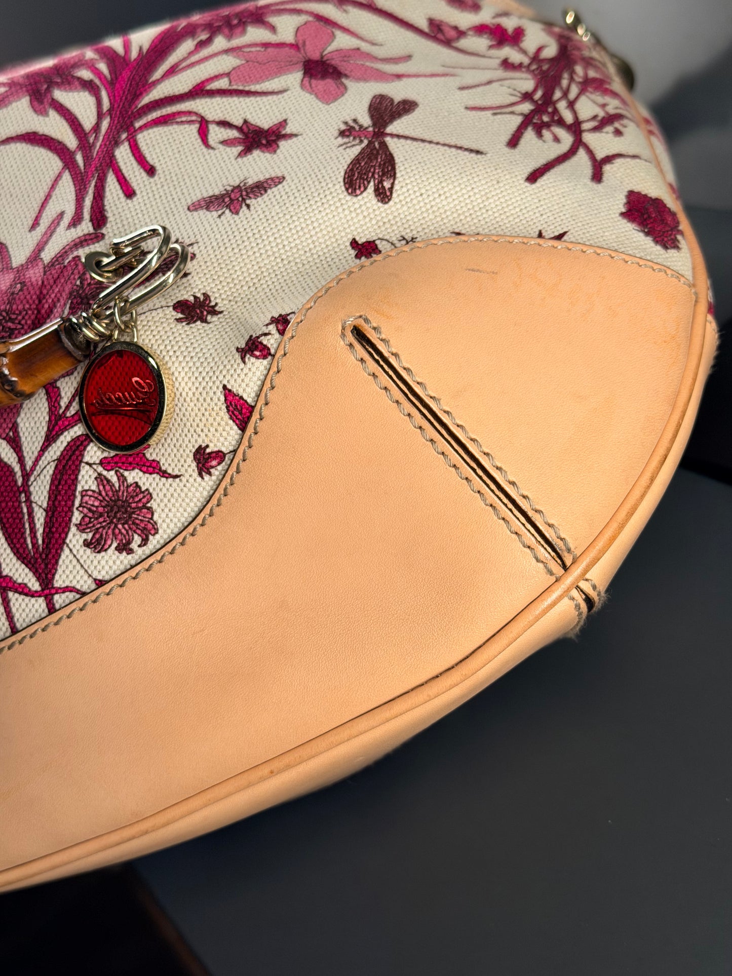 GUCCI BY FRIDA GIANNINI PINK FLORA PEGGY BAMBOO HOBO BAG