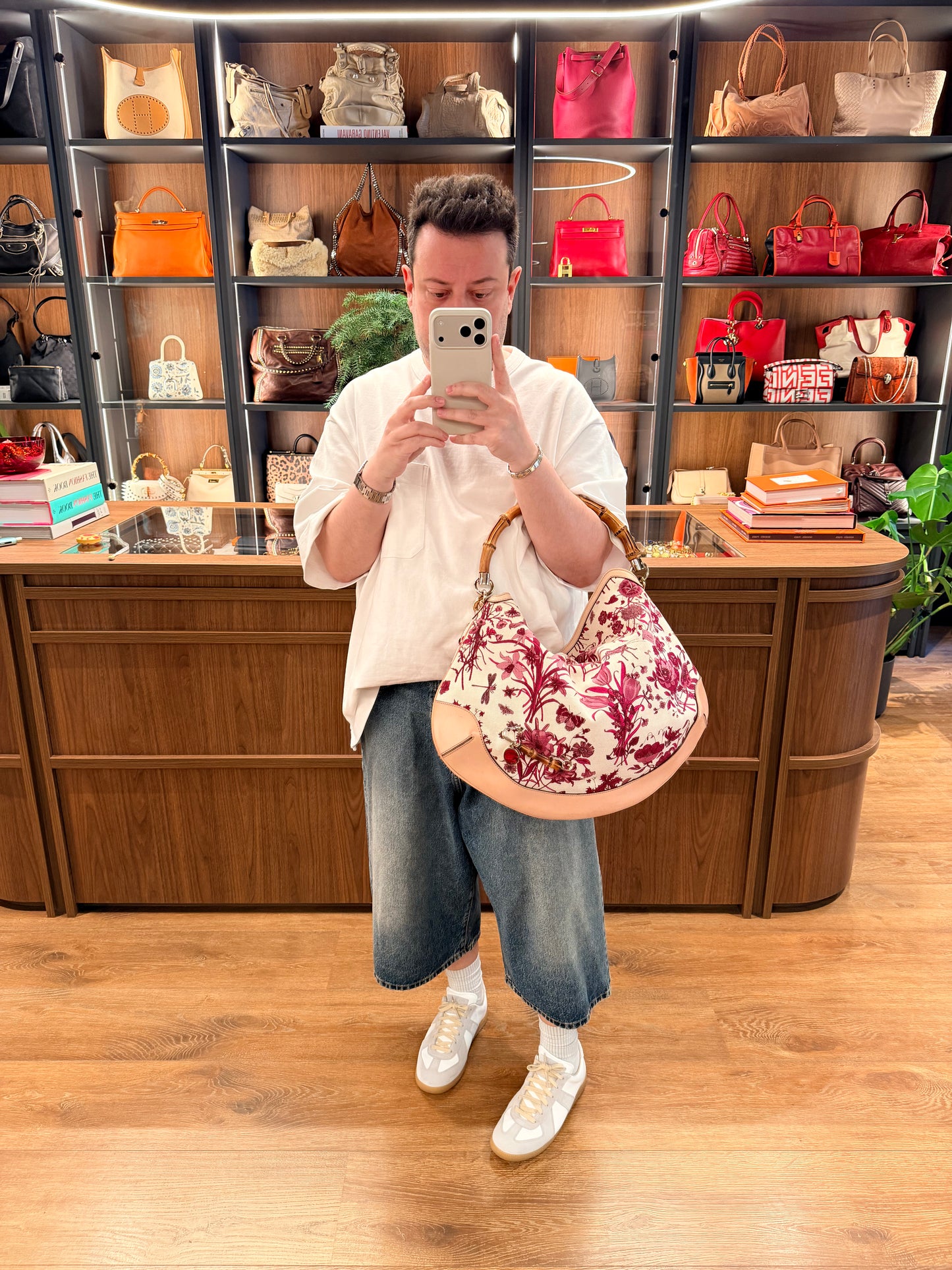GUCCI BY FRIDA GIANNINI PINK FLORA PEGGY BAMBOO HOBO BAG