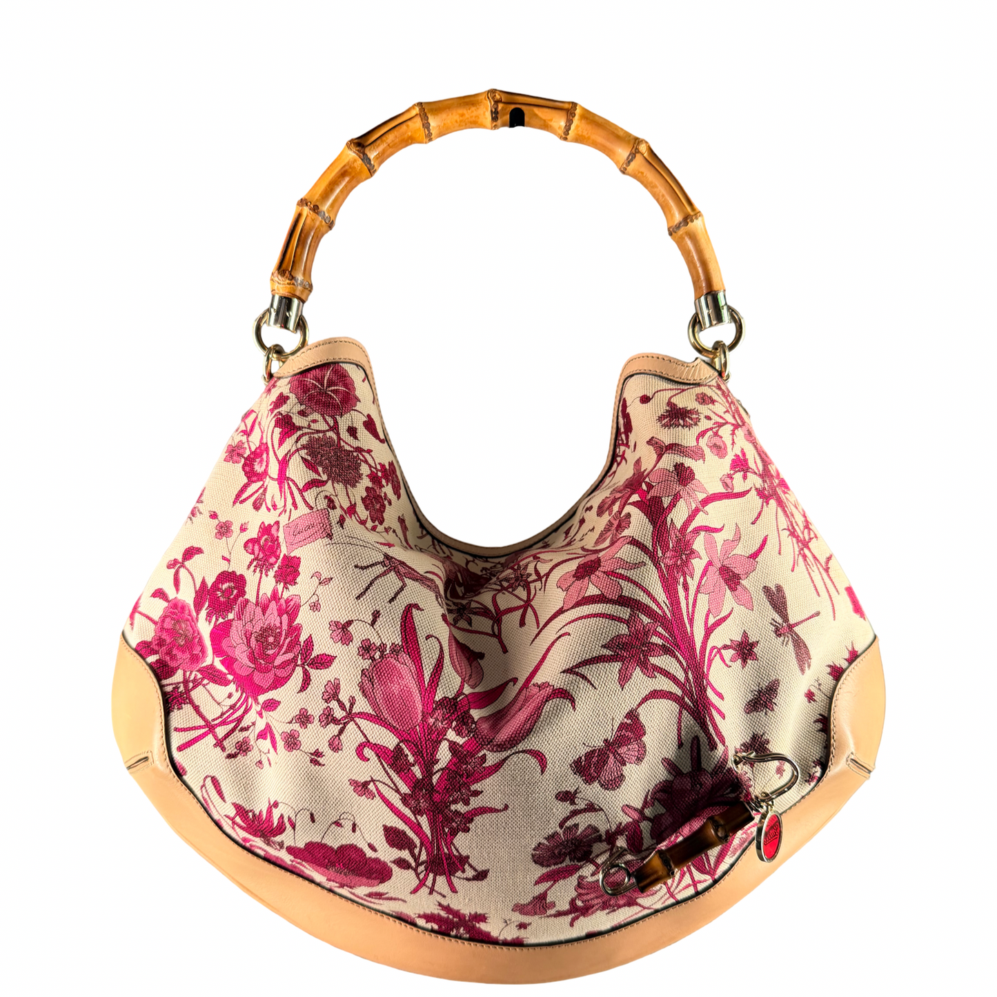 GUCCI BY FRIDA GIANNINI PINK FLORA PEGGY BAMBOO HOBO BAG