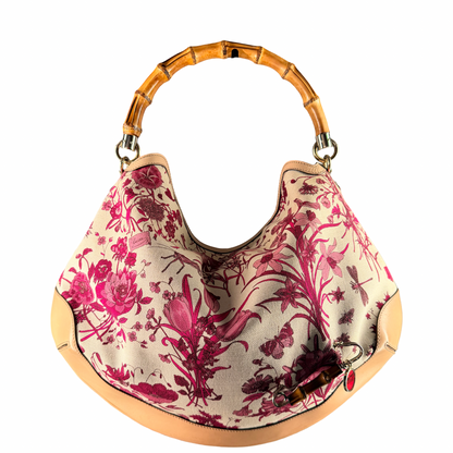 GUCCI BY FRIDA GIANNINI PINK FLORA PEGGY BAMBOO HOBO BAG