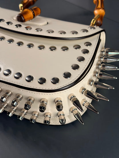GUCCI WHITE MEDIUM STUDDED BAMBOO 1947 TOP HANDLE HANDBAG