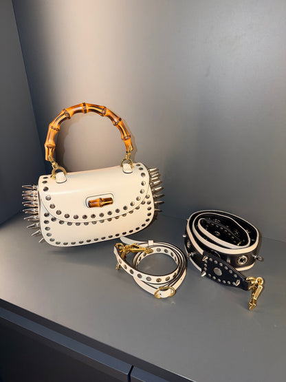 GUCCI WHITE MEDIUM STUDDED BAMBOO 1947 TOP HANDLE HANDBAG