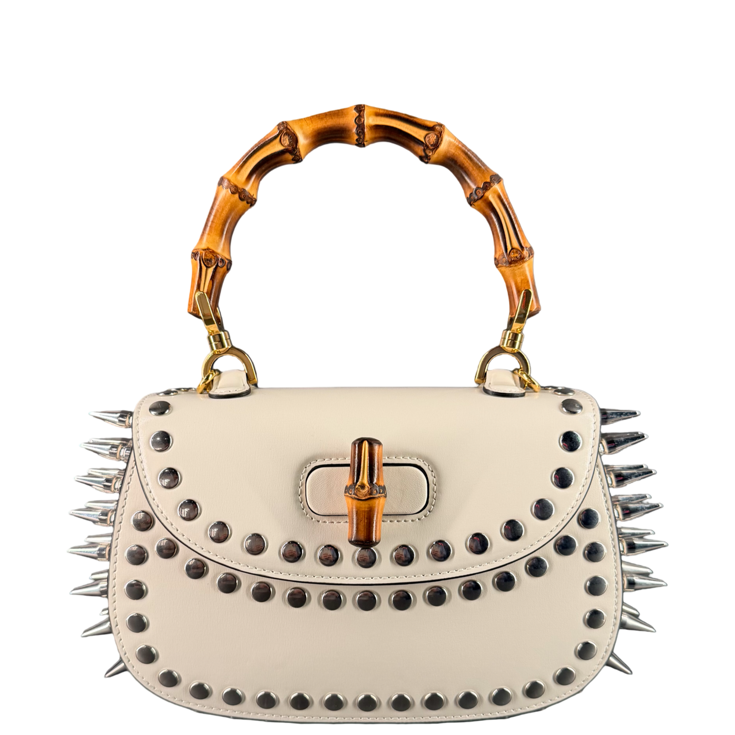 GUCCI WHITE MEDIUM STUDDED BAMBOO 1947 TOP HANDLE HANDBAG