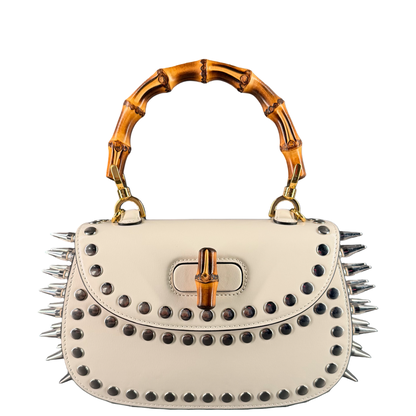 GUCCI WHITE MEDIUM STUDDED BAMBOO 1947 TOP HANDLE HANDBAG