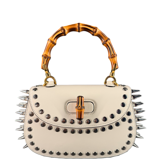 GUCCI WHITE MEDIUM STUDDED BAMBOO 1947 TOP HANDLE HANDBAG