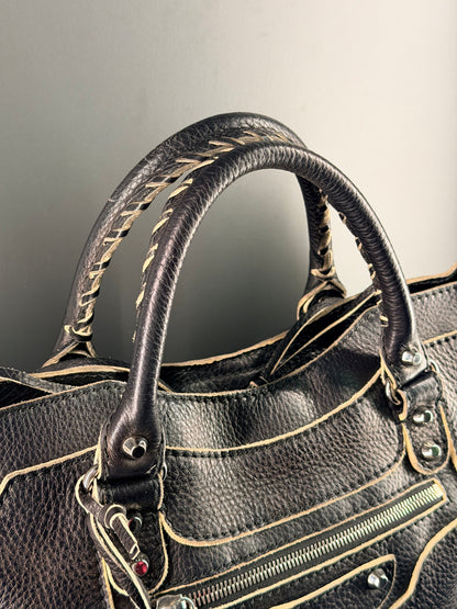 BALENCIAGA BLACK GRAINED LEATHER MEDIUM CLASSIC CITY HANDBAG