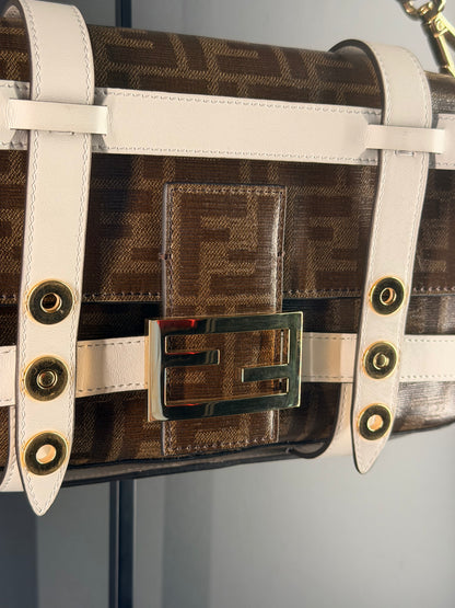 FENDI GLAZED ZUCCA CAGE BAGUETTE SHOULDER BAG